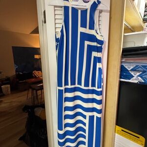 Donna Morgan Blue and Cream Geometric Midi Dress